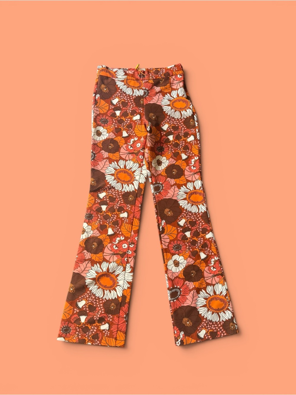 Zara Retro Floral Flare Pants - Orange Brown White